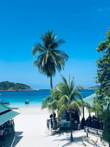 Palms framing a calm turquoise bay with small boats at anchor